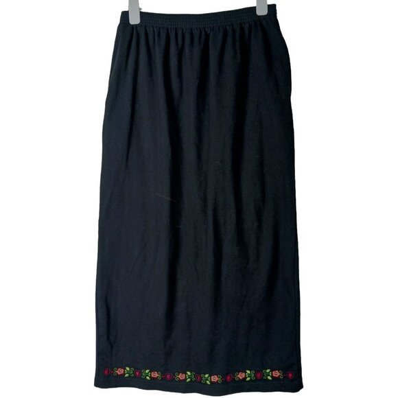 Vintage Bechamel Maxi Pencil Skirt 90s Embroidered Floral Hem Black Size Med